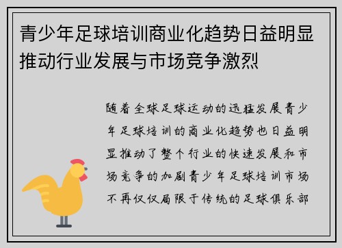 青少年足球培训商业化趋势日益明显推动行业发展与市场竞争激烈 青少年足球培训商业化趋势日益明显推动行业发展与市场竞争激烈